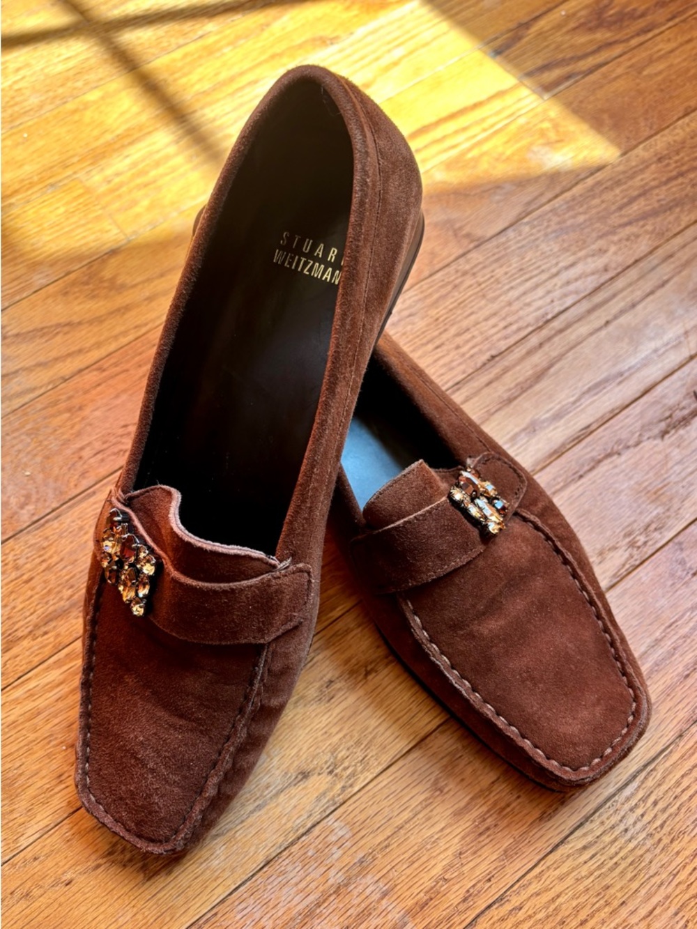Stuart Weitzman Brown Suede Loafers with Jewel Accent